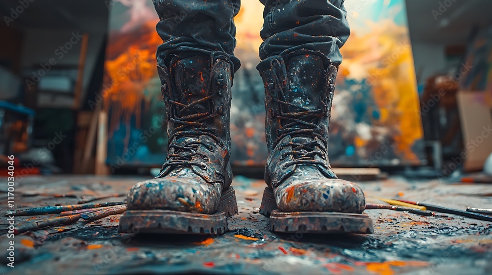 A low-angle view of splattered boots standing firmly on a tarp smeared with paint, blurred brushes, and a bold, colorful canvas in the background, warm ambient lighting creating soft contrasts, A low-angle view of splattered boots standing firmly on a tarp smeared with paint, blurred brushes, and a bold, colorful canvas in the background, warm ambient lighting creating soft contrasts,