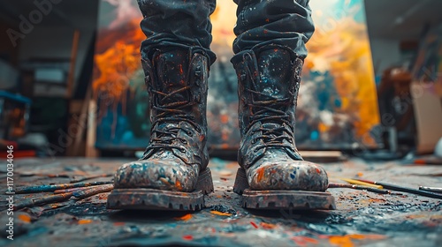 A low-angle view of splattered boots standing firmly on a tarp smeared with paint, blurred brushes, and a bold, colorful canvas in the background, warm ambient lighting creating soft contrasts,