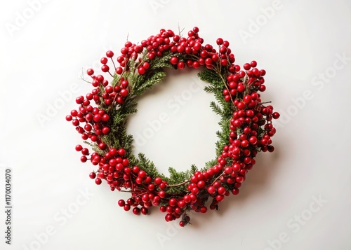 A simple, stylish Christmas wreath: scarlet berries contrast sharply against a pure white backdrop. photo