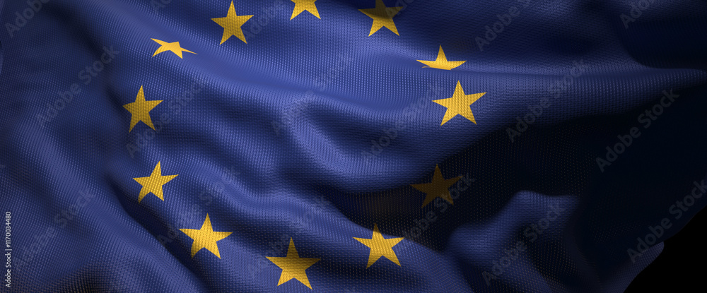 3d render of a waving Euro flag, with a close-up view of the fabric texture and folds. 3d render of a waving Euro flag, with a close-up view of the fabric texture and folds.