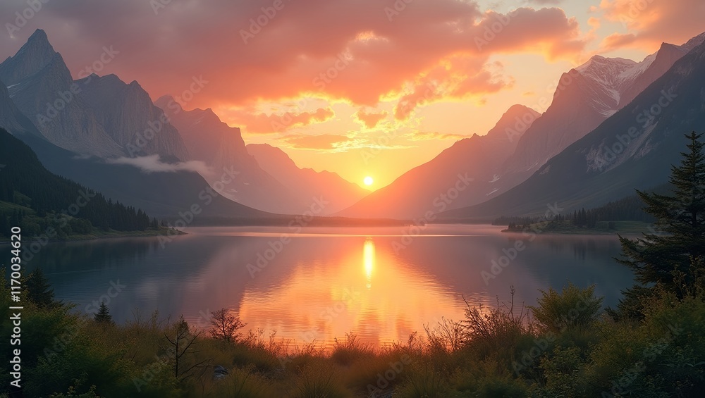A vibrant sunrise over a serene mountain range, with golden light reflecting on a calm lake, surrounded by lush greenery, detailed and photorealistic