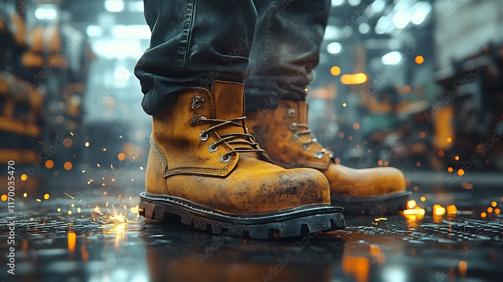 A realistic close-up of heavy-duty steel-toed boots on a metallic floor with visible welding sparks, blurred assembly line and moving equipment in the background, A realistic close-up of heavy-duty steel-toed boots on a metallic floor with visible welding sparks, blurred assembly line and moving equipment in the background,