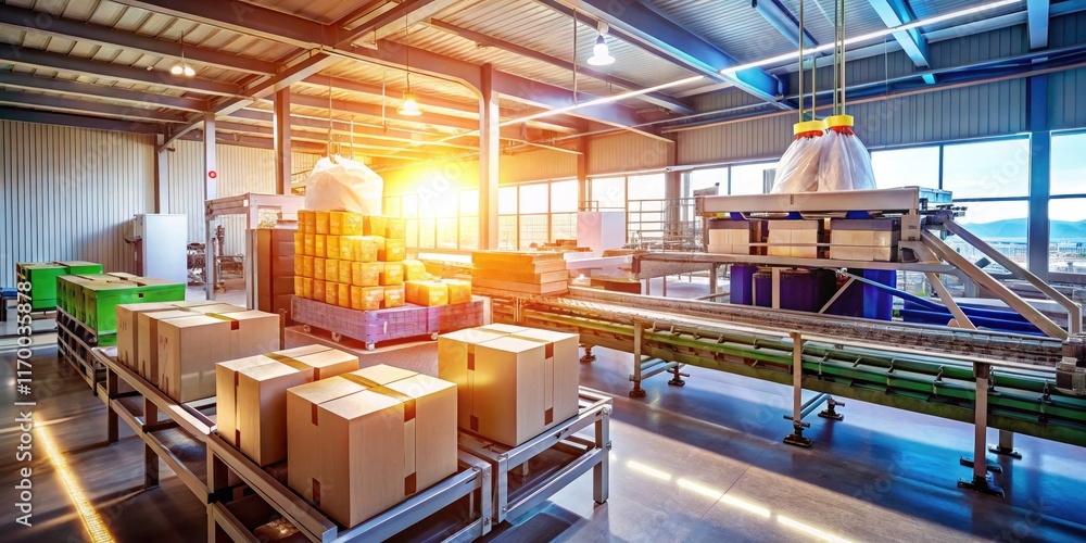Dynamic landscape photography captures rapid-fire automated packaging of plastic and cardboard. Dynamic landscape photography captures rapid-fire automated packaging of plastic and cardboard.