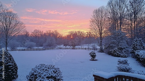 Snowy sunrise over winter landscape.