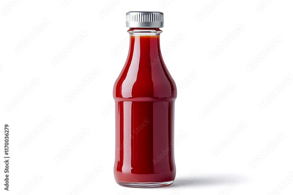 A glass bottle filled with a red liquid, likely a condiment or sauce. A glass bottle filled with a red liquid, likely a condiment or sauce.