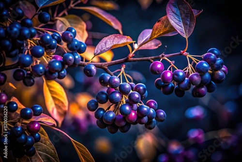 Fall's nocturnal beauty: Chionanthus virginicus fruits and tiny lila berries against the dark night sky. photo