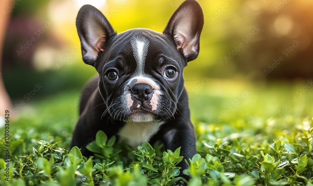 Adorable French Bulldog puppy in a garden setting. Adorable French Bulldog puppy in a garden setting.