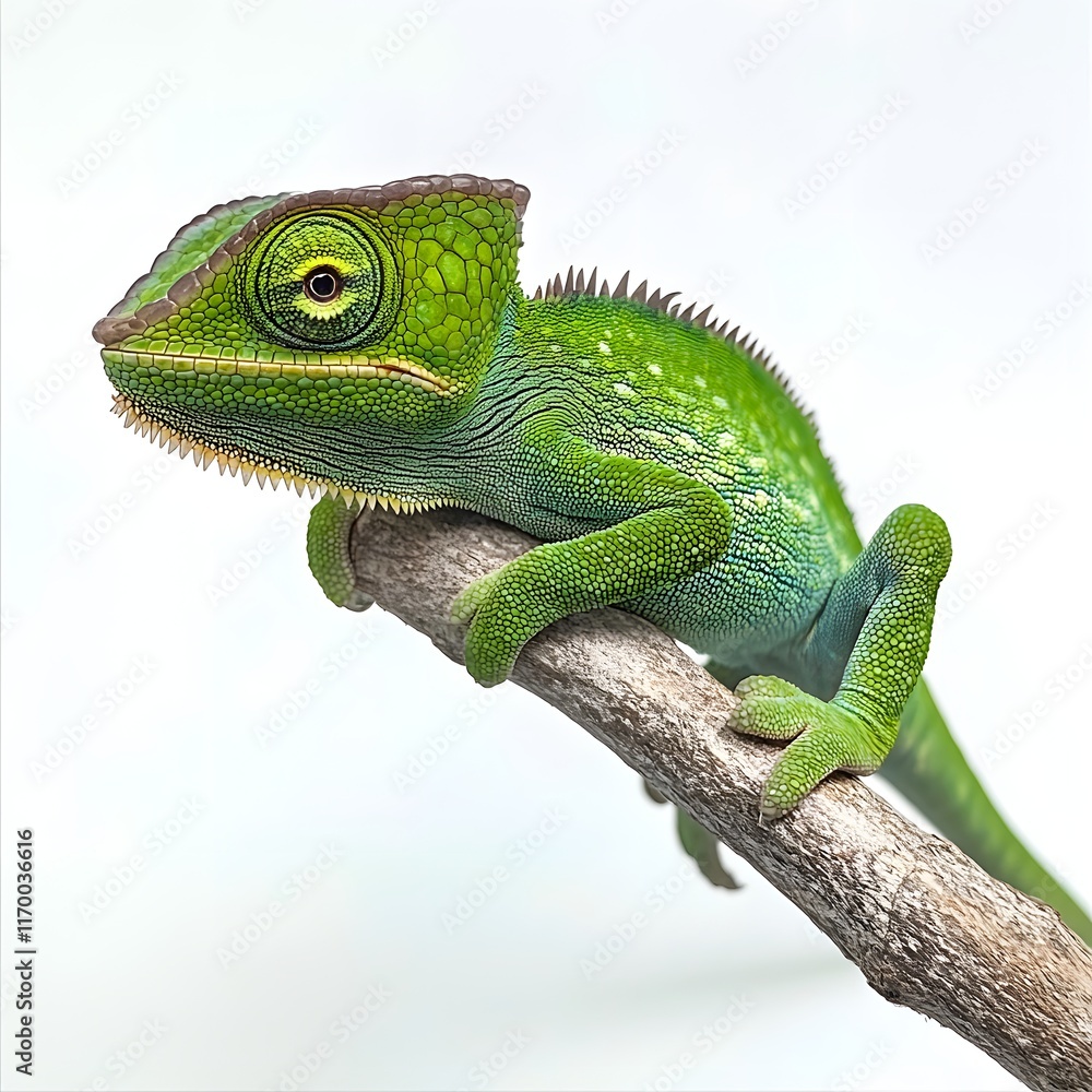 Obraz premium A vibrant green chameleon perched on a branch, showcasing its unique coloration and texture.