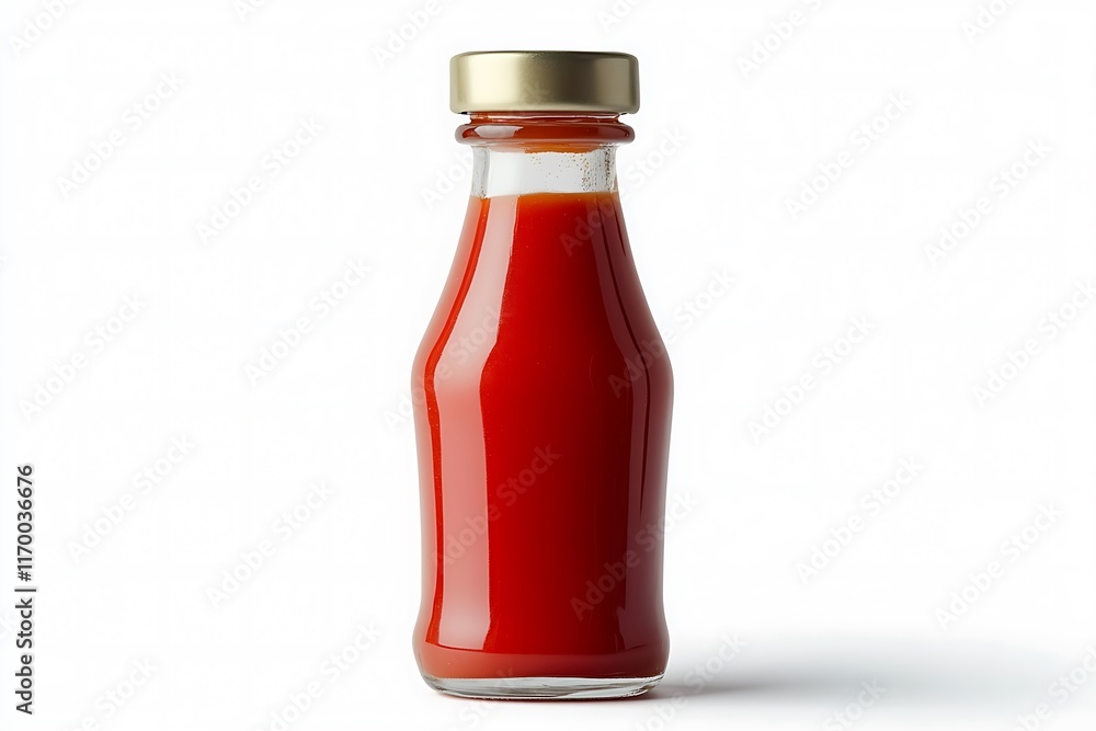 A glass bottle filled with red ketchup, showcasing its vibrant color and texture. A glass bottle filled with red ketchup, showcasing its vibrant color and texture.
