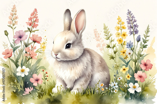 Watercolor painting of Easter bunny sitting among spring flowers 