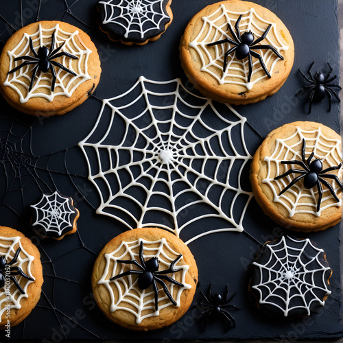 Halloween Concept. Scary awful tasty cookies with spiders, nasty cobwebs on a black background. photo