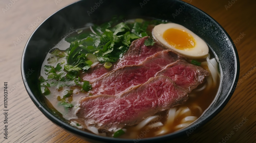 Delicious bowl of ramen with tender beef, fresh herbs, and egg Delicious bowl of ramen with tender beef, fresh herbs, and egg
