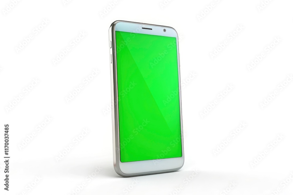 Isolated white background showcases a 3D rendered green screen phone mockup; ideal mobile app template. Isolated white background showcases a 3D rendered green screen phone mockup; ideal mobile app template.
