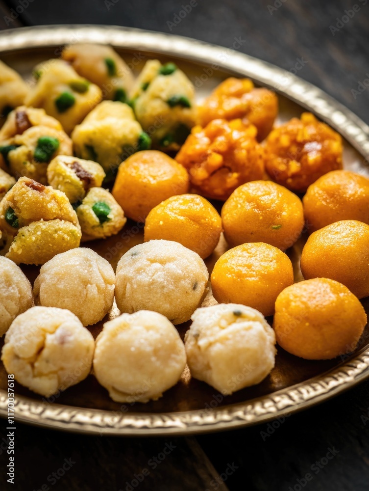 Diverse assortment of Indian sweets and savories on gold rimmed plate. Diverse assortment of Indian sweets and savories on gold rimmed plate.