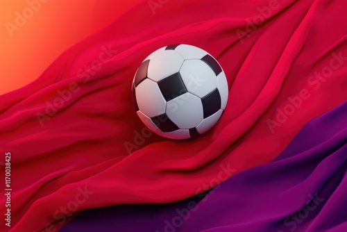 Soccer Ball on Colorful Fabric Background with Fluid Drapes photo