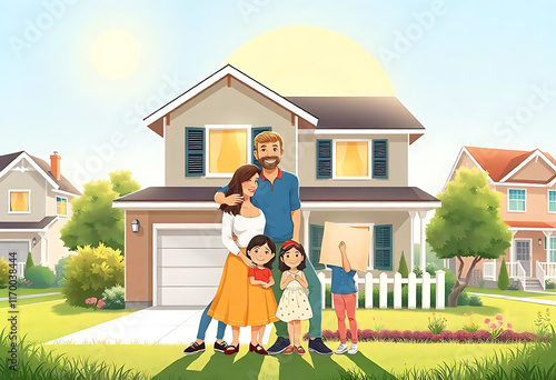 Happy Family Portrait: Suburban Home, Vibrant Style photo