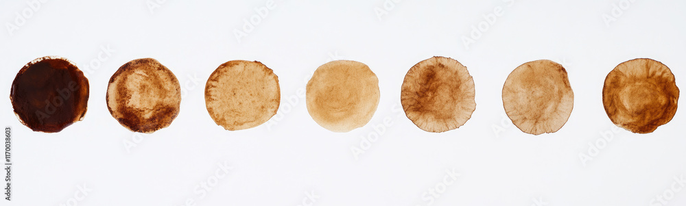 A row of coffee stain flecks circles with brown paint on them A row of coffee stain flecks circles with brown paint on them