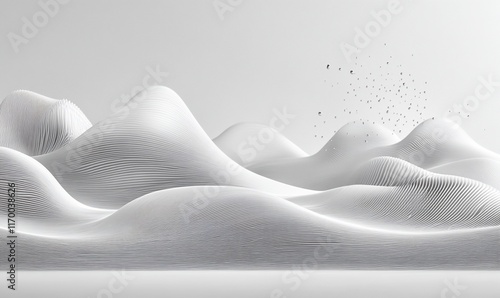 Abstract white landscape with soft, undulating mountains.  Digital, 3D, serene, minimalist, futuristic,  photo