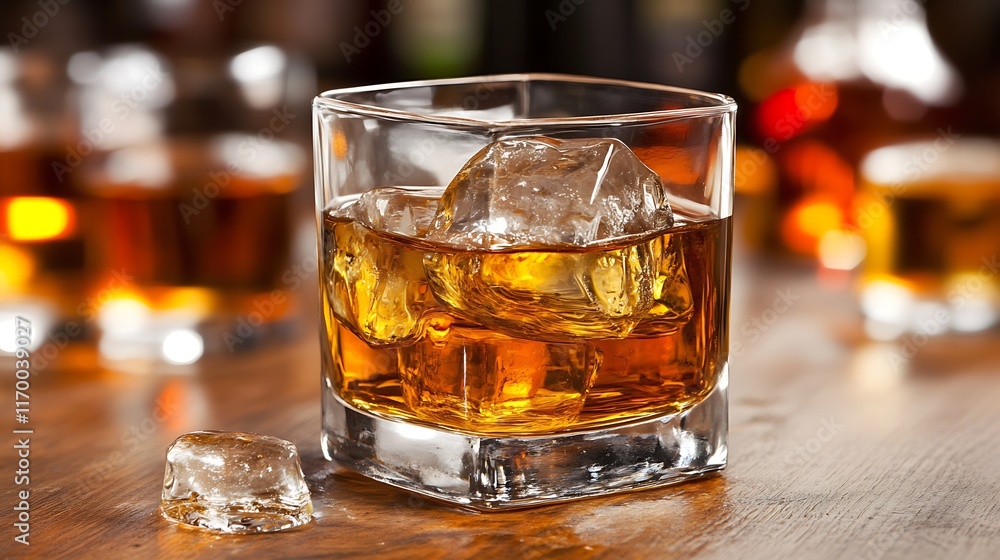 A glass of whiskey with ice, set on a wooden table, showcasing a warm ambiance. A glass of whiskey with ice, set on a wooden table, showcasing a warm ambiance.