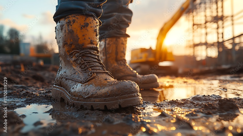 A vibrant low-angle shot of muddy boots on a gravel surface with small puddles, blurred scaffolding and an excavator arm in the background, warm sunlight creating dramatic contrasts, A vibrant low-angle shot of muddy boots on a gravel surface with small puddles, blurred scaffolding and an excavator arm in the background, warm sunlight creating dramatic contrasts,
