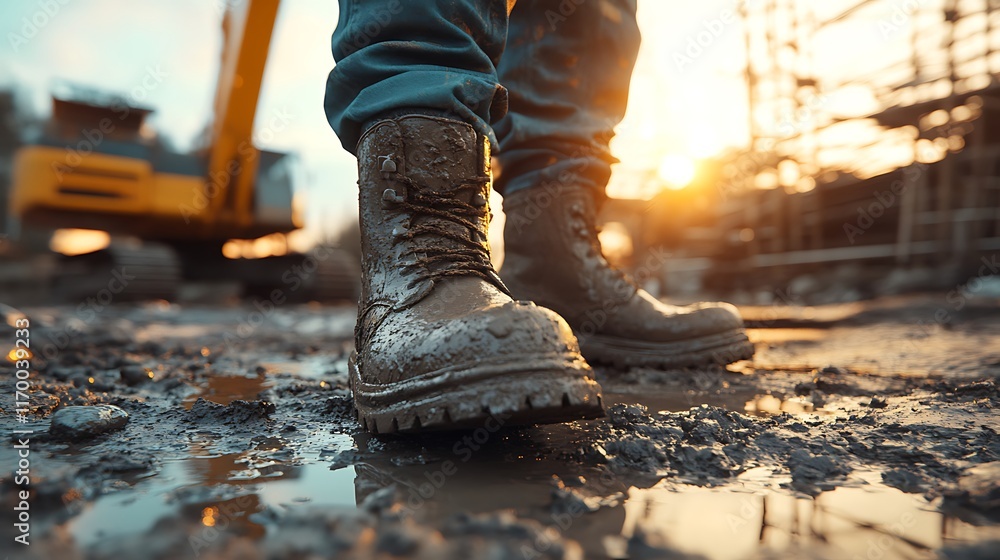 A vibrant low-angle shot of muddy boots on a gravel surface with small puddles, blurred scaffolding and an excavator arm in the background, warm sunlight creating dramatic contrasts, A vibrant low-angle shot of muddy boots on a gravel surface with small puddles, blurred scaffolding and an excavator arm in the background, warm sunlight creating dramatic contrasts,