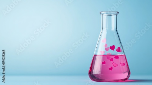 Pink liquid with heart shapes in a chemistry flask on a blue background.