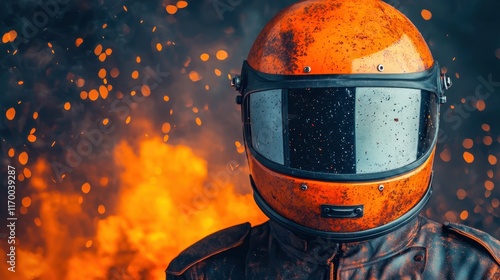 Fiery Background with Vintage Racing Helmet and Charred Leather Suit photo