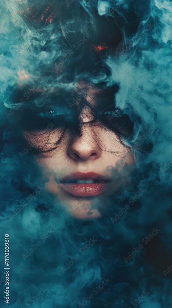 Woman's face underwater with ethereal blue and dark green water. Surreal art. Woman's face underwater with ethereal blue and dark green water. Surreal art.