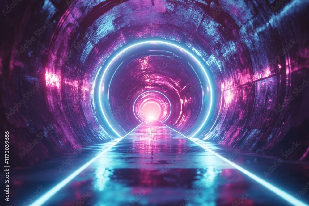 Tunnel of vibrant purple neon lights in a futuristic cityscape. Tunnel of vibrant purple neon lights in a futuristic cityscape.
