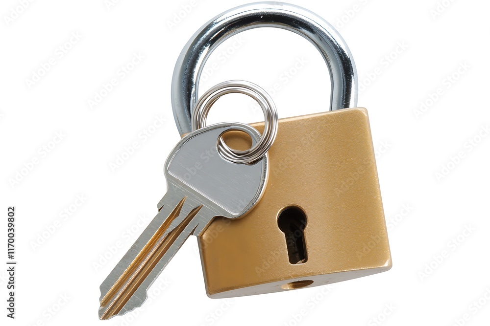 A golden padlock with a key attached, symbolizing security and protection.