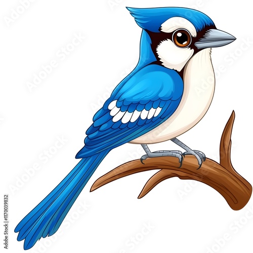 A cartoon illustration of a blue jay perched on a branch, showcasing vibrant colors and details. photo