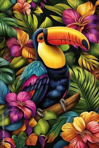 Colorful Toucan in Tropical Floral Setting