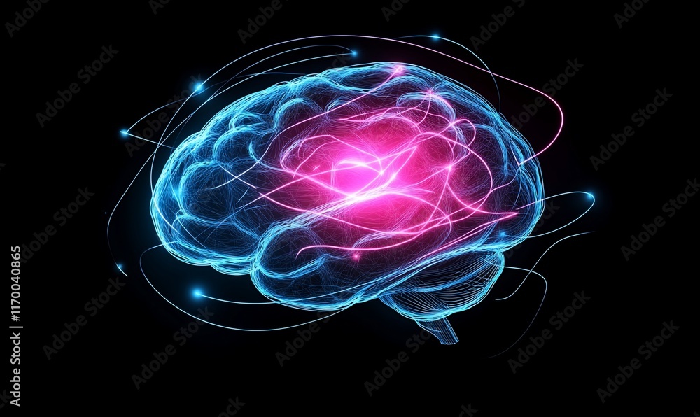 Abstract illustration of a glowing human brain with vibrant energy lines. Abstract illustration of a glowing human brain with vibrant energy lines.