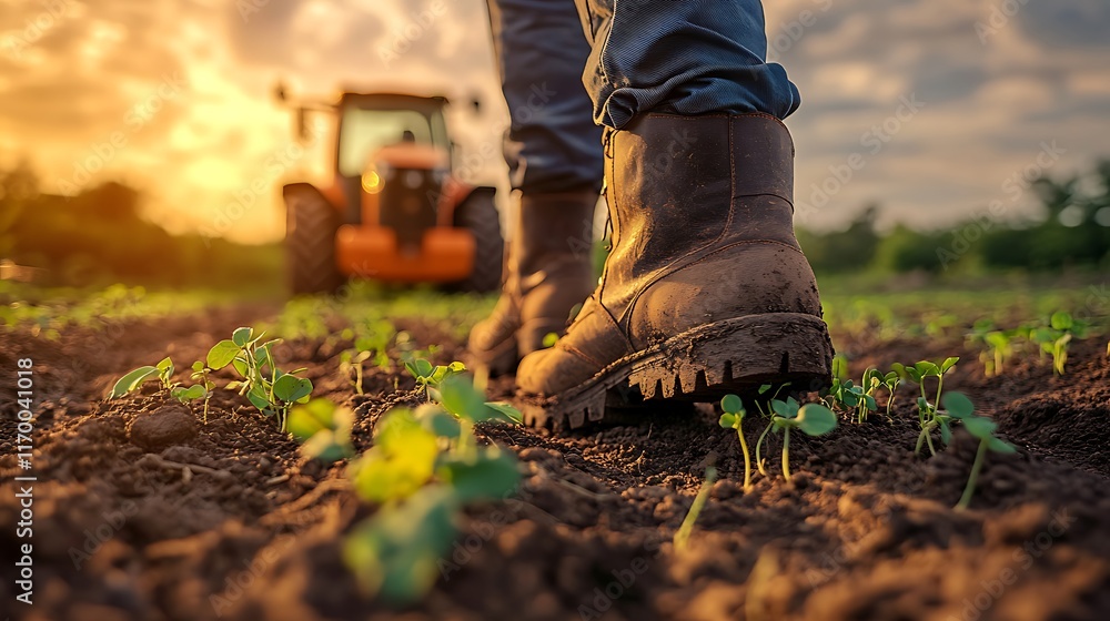 A vibrant low-angle view of farmer boots standing on a dirt path, surrounded by small sprouting crops, blurred orange tractor parked nearby in the background, golden hour light casting soft glows, A vibrant low-angle view of farmer boots standing on a dirt path, surrounded by small sprouting crops, blurred orange tractor parked nearby in the background, golden hour light casting soft glows,