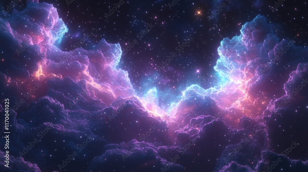Fototapeta premium Vibrant purple and blue nebula clouds with sparkling stars.