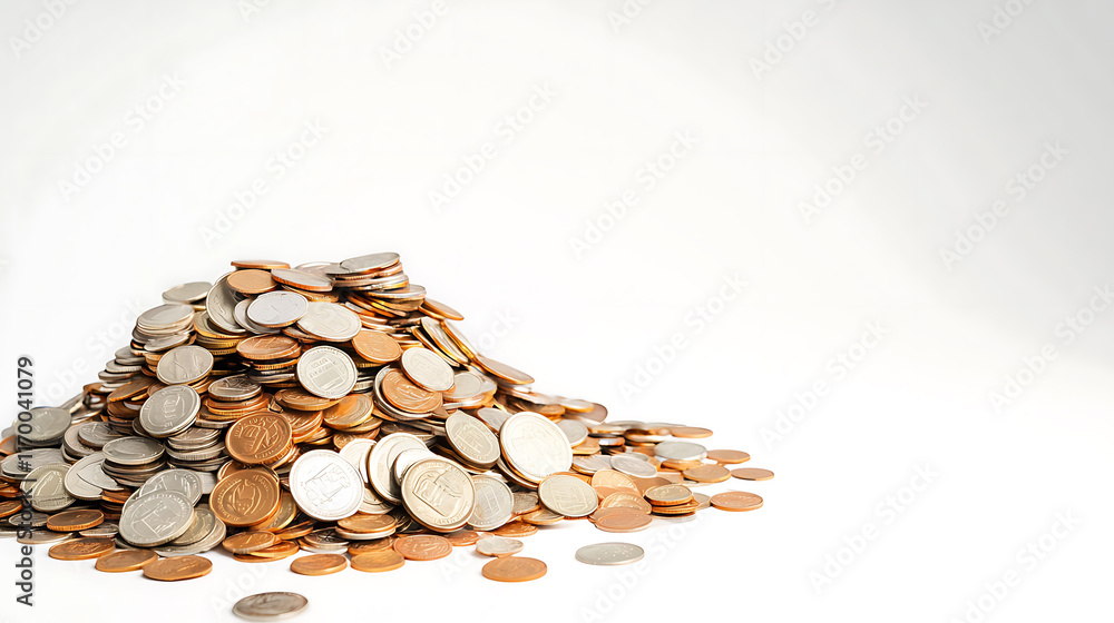 large pile of various coins scattered on white background, showcasing different currencies and denominations large pile of various coins scattered on white background, showcasing different currencies and denominations