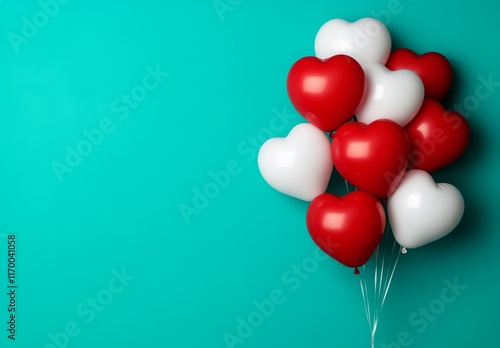 A collection of white and red heart-shaped balloons gently floating against a pastel backdrop, a perfect visual for romance or Valentine's Day themes.