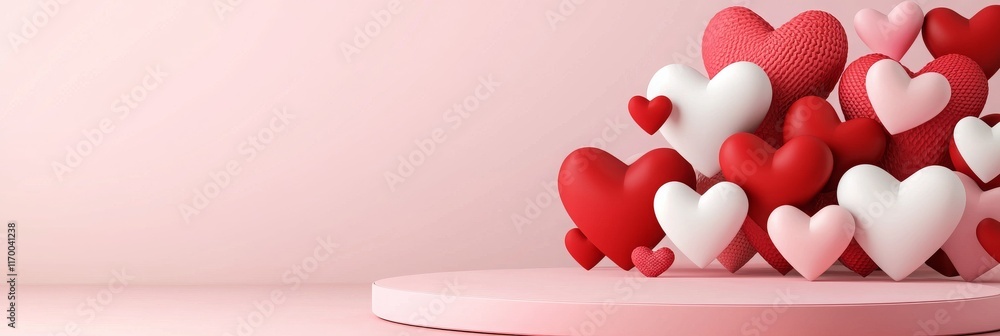 A pile of red, pink, and white hearts sits on a round pink podium against a soft pink background.