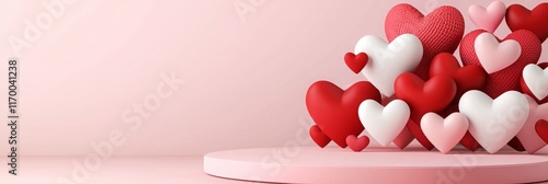 Obraz na płótnie A pile of red, pink, and white hearts sits on a round pink podium against a soft pink background. w salonie