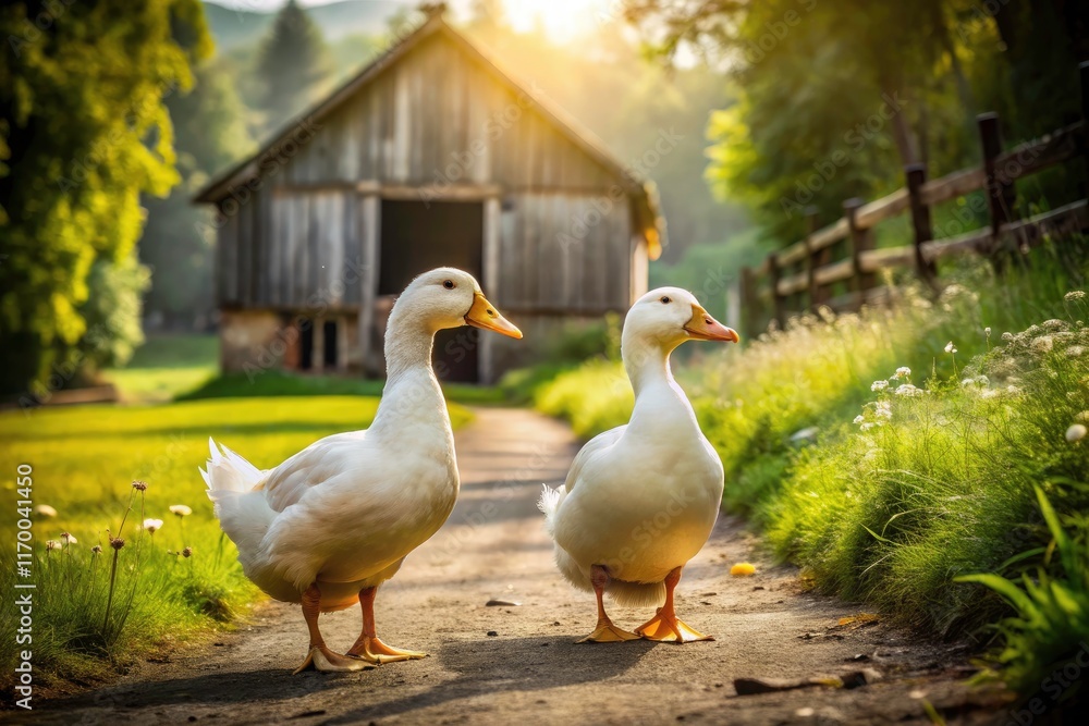 Pastoral scene: two white ducks walk, showcasing rural farm life. Pastoral scene: two white ducks walk, showcasing rural farm life.