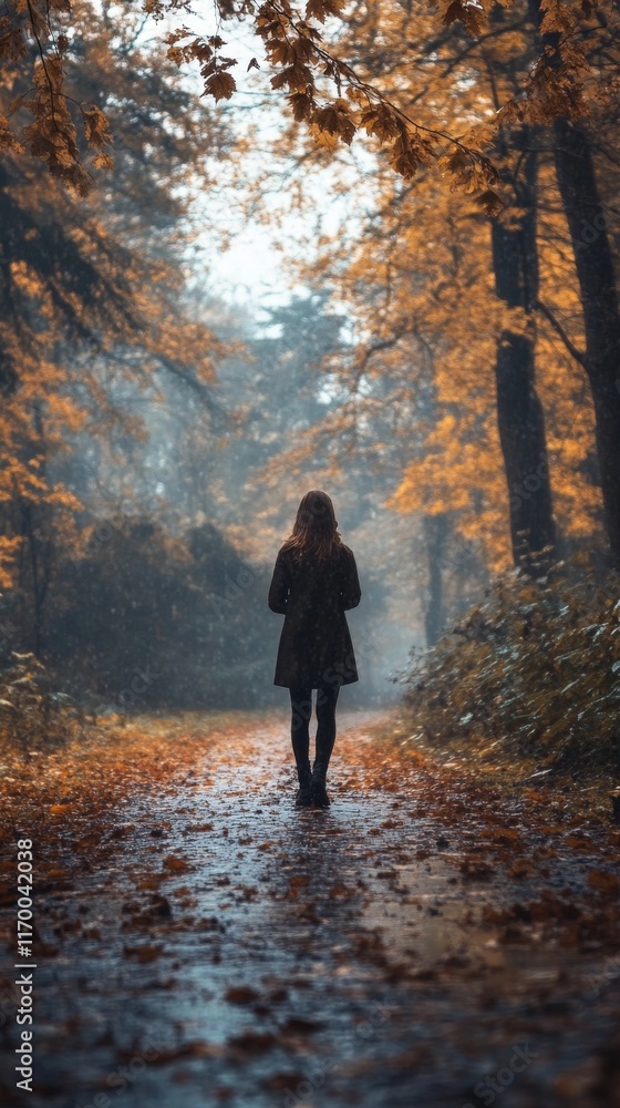 Solitary figure standing in an autumn forest pathway with fallen leaves. Solitary figure standing in an autumn forest pathway with fallen leaves.