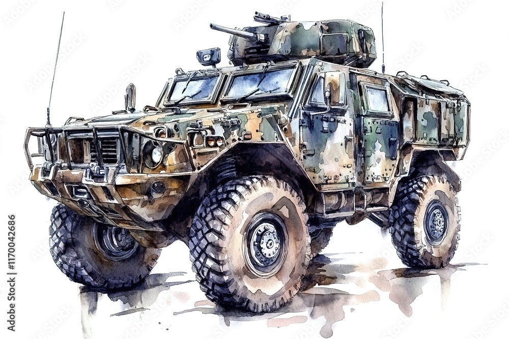 Fototapeta premium Watercolor product design sketch of an army Humvee, white background