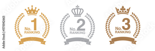 Gold, Silver, and Bronze Medals with Crown Flat Icons: Honoring Champions, Winners, Awards, and Rankings