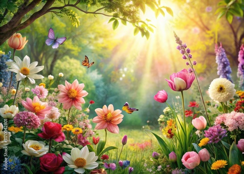 Pretty spring flowers hand-drawn in a romantic botanical style.  A beautiful floral wallpaper design for your home.