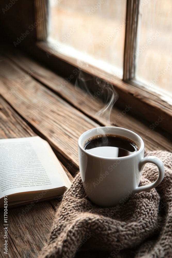Cozy Morning Coffee with Book by Window on Rustic Wooden Table Cozy Morning Coffee with Book by Window on Rustic Wooden Table