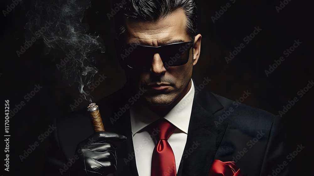Fototapeta premium Mysterious Man in Suit with Cigar and Sunglasses in Dark Setting