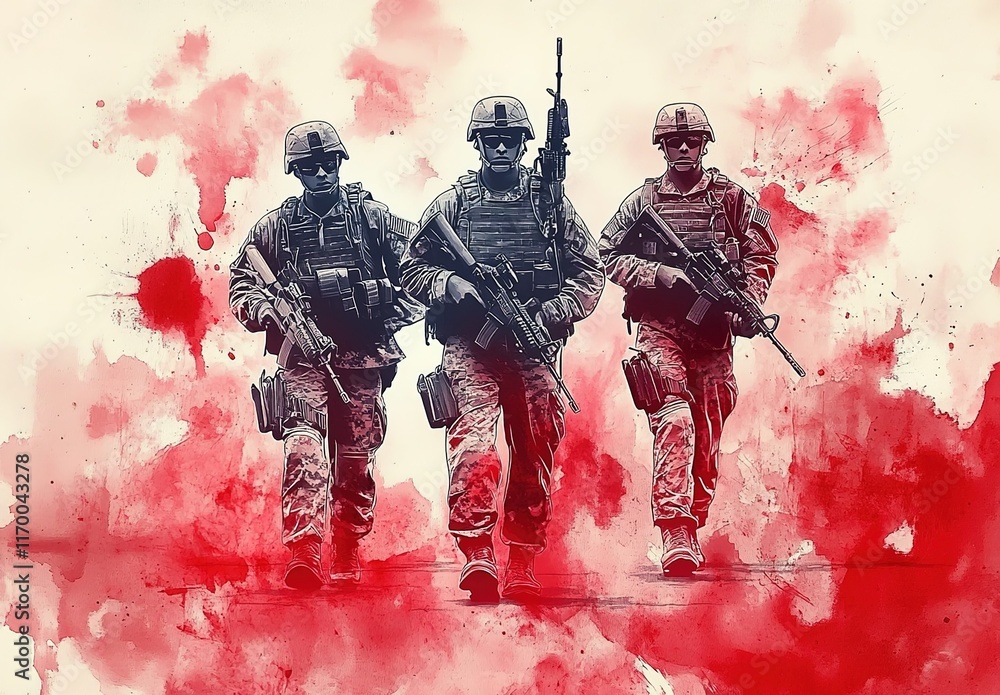 Fototapeta premium 3 soldiers in modern combat gear, with red and white color splashes, a double exposure effect, in a watercolor style