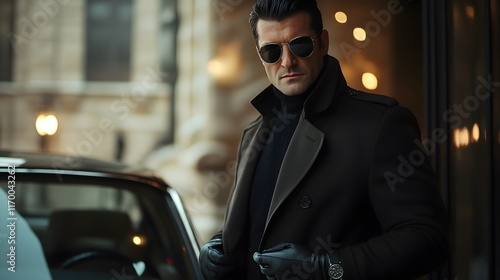 Wallpaper Mural Stylish Man in Sunglasses and Elegant Coat Posing Near Luxury Car Torontodigital.ca