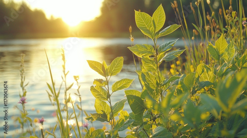 Lush greenery by a tranquil river at sunset. photo