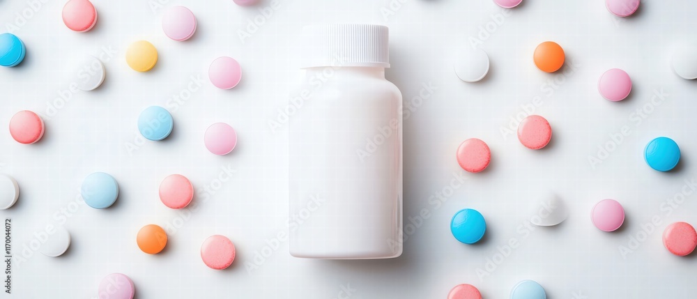 White bottle with colorful circular pills around. White bottle with colorful circular pills around.